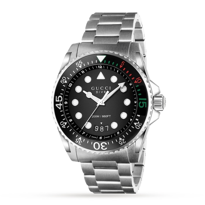 andriko-roloi-gucci-dive-45mm-me-mavro-kantran-kai-asimi-brasele Ανδρικό Ρολόι Gucci Dive 45mm με Μαύρο Καντράν και Ασημί Μπρασελέ - Image 1