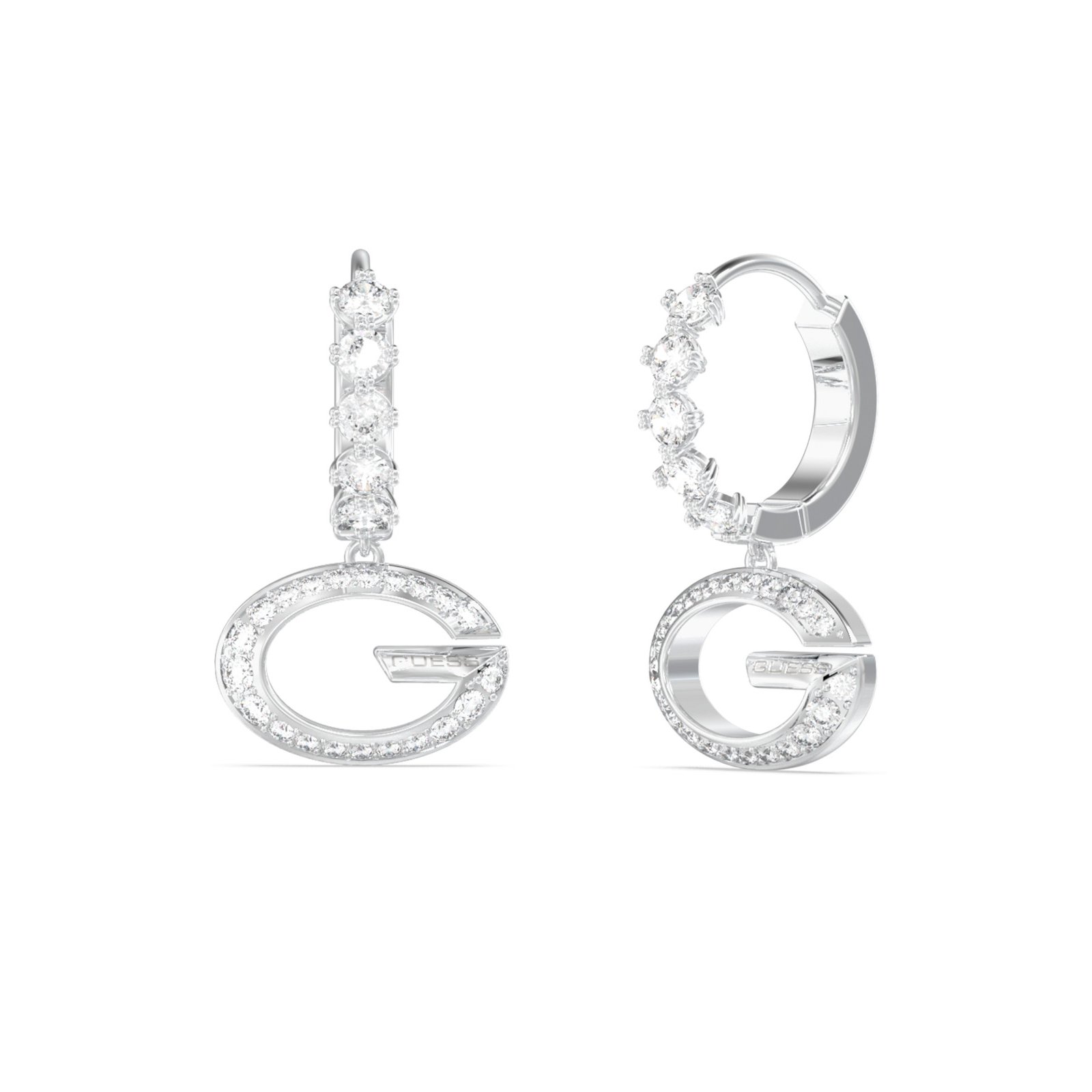 gynaikeia-skoularikia-guess-steel-g-camden-JUBE06342JWRHT/U Γυναικεία σκουλαρίκια Guess Steel G Camden ασημένια με λογότυπο και πέτρες - Image 1