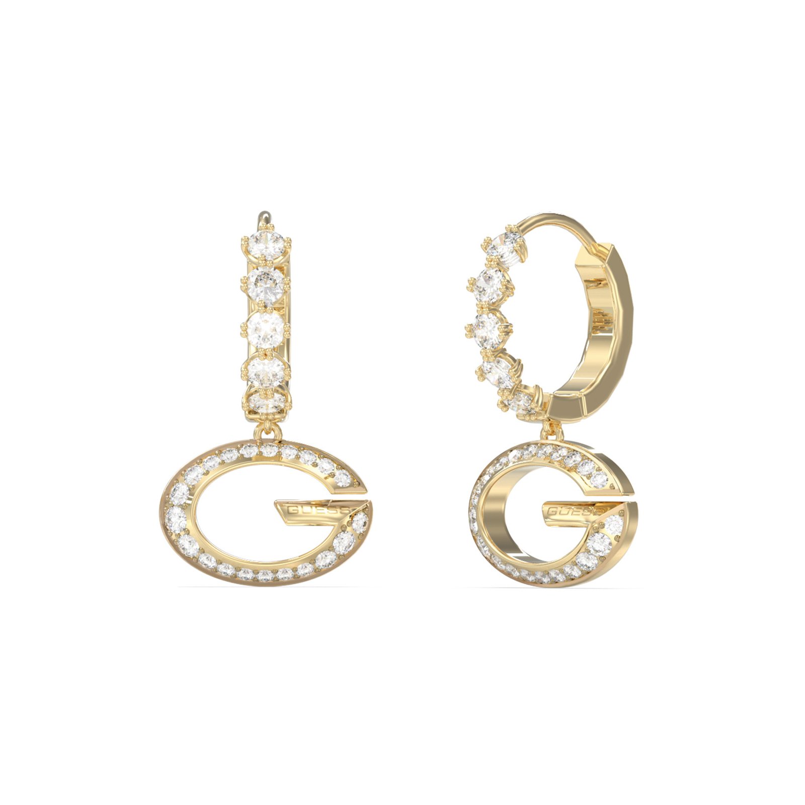gynaikeia-skoularikia-guess-steel-g-camden-JUBE06342JWYGT/U Γυναικεία σκουλαρίκια Guess Steel G Camden επίχρυσα με λογότυπο και πέτρες - Image 1