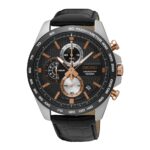 Ανδρικό Ρολόι Seiko Chronograph 44mm με Μαύρο Καντράν και Δερμάτινο Λουράκι