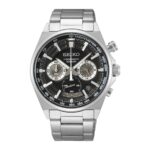 Ανδρικό Ρολόι Seiko Chronograph 41mm με Μαύρο Καντράν και Ασημί Μπρασελέ