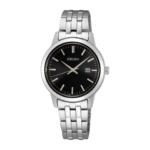 Γυναικείο Ρολόι Seiko Essential Time 30mm με Μαύρο Καντράν και Ασημί Μπρασελέ